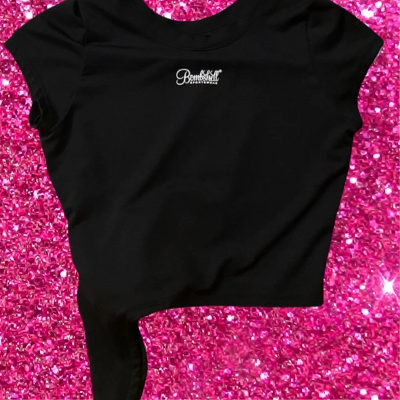 Bombshell Sportswear White Logo Mesh Jersey Side Tie Crop Top Tee Shirt Black - Picture 5 of 7